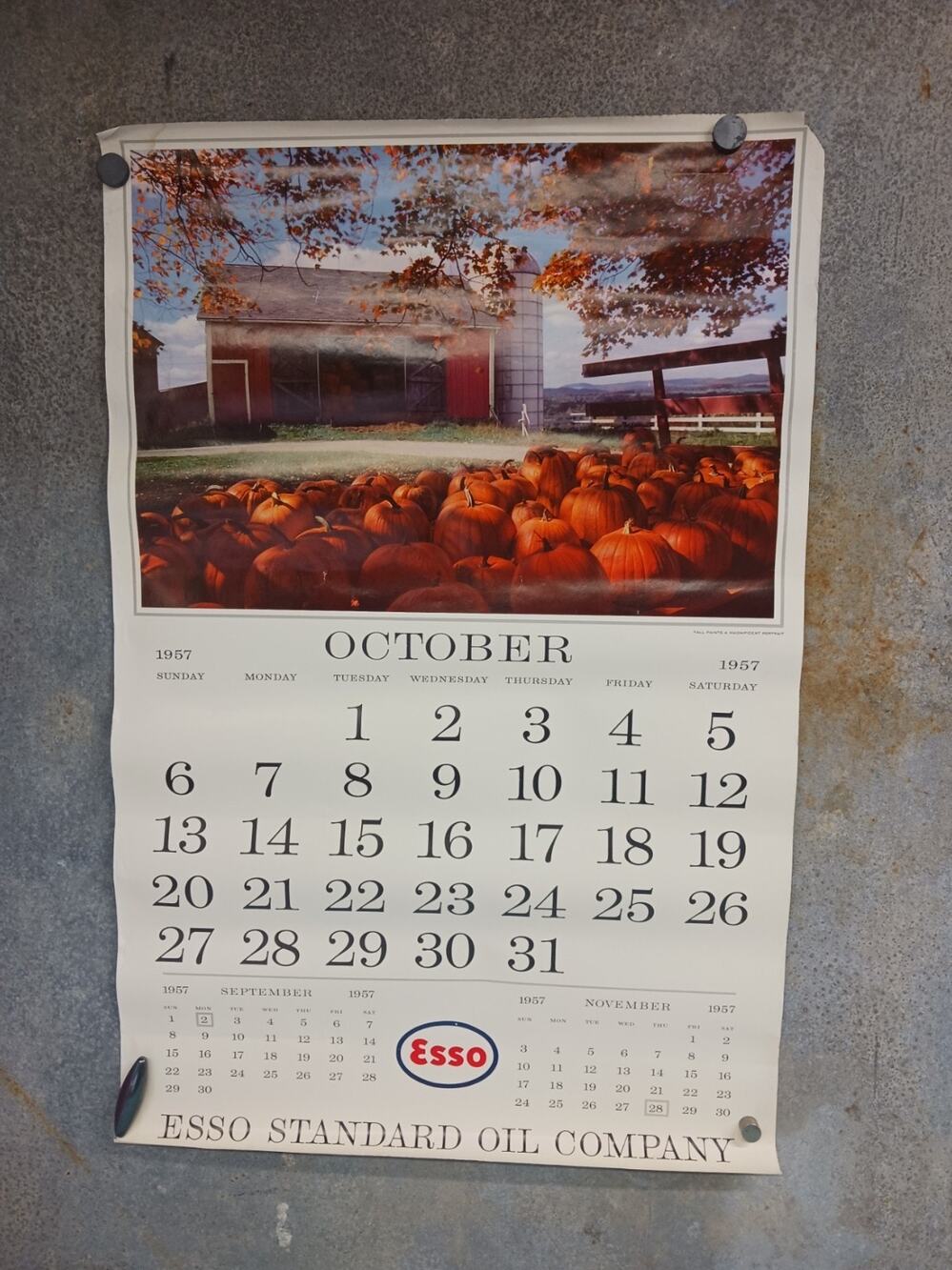 VTG 1957 Esso Standard Oil October Calendar Page Poster Red Barn Fall Pumpkins